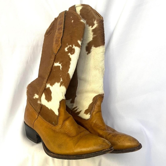Vintage Ponyskin Cowboy Boots - Size 7 - Brown & Cream - Rose Inner Lining - Picture 2 of 6